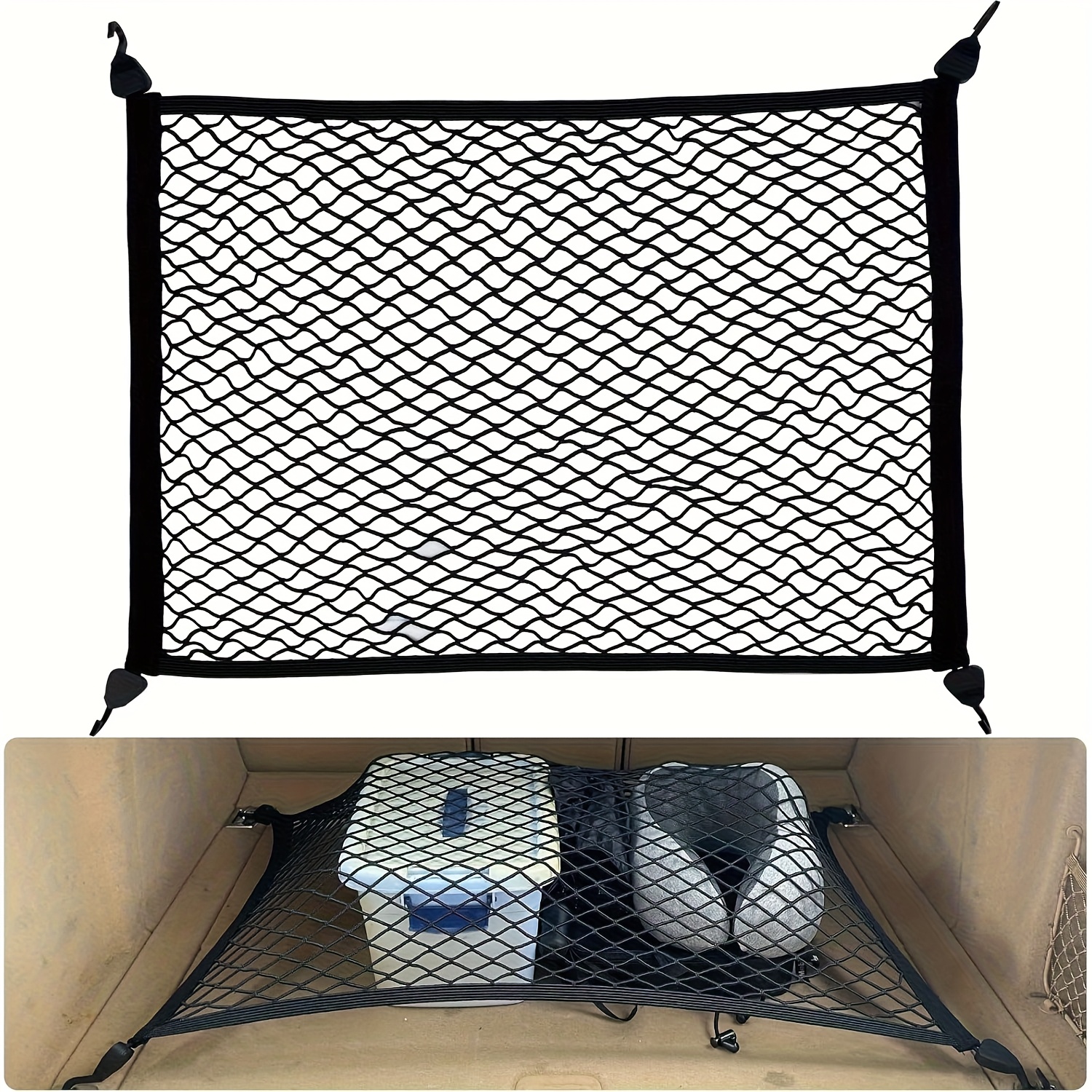 A Single-piece Car Luggage Net, Suitable For Car Trunks And Rvs, Measuring 80 X 60, Expandable To 160 X 120, With 4 Large Hooks For Securing Luggage, Designed To Keep Items In And Store Goods