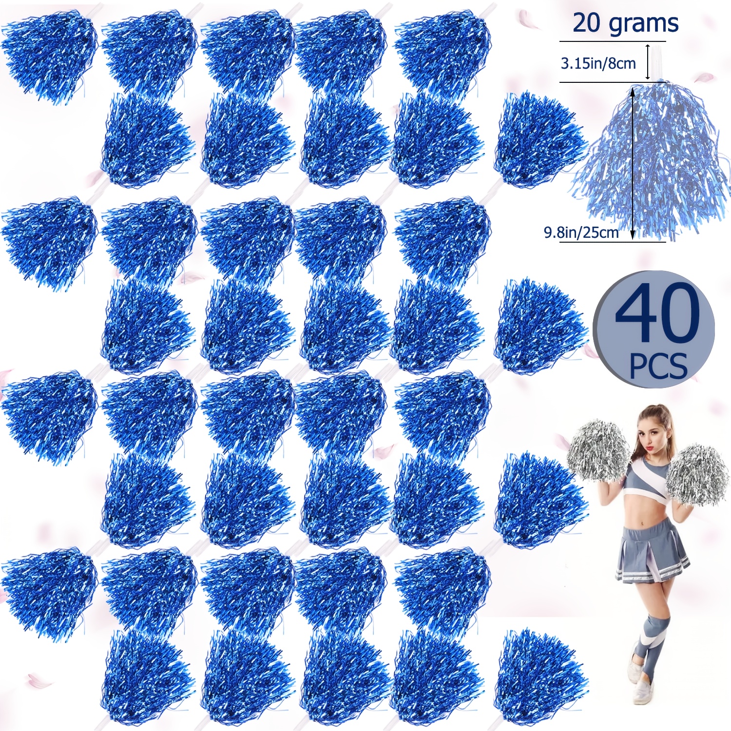 set of 40 cheerleading pom poms featuring a plastic grip lightweight 20g hand flowers metallic velvet balls and colorful foil flowers   come with non slip handles and long tassels   sports events dance shows and festivals in red