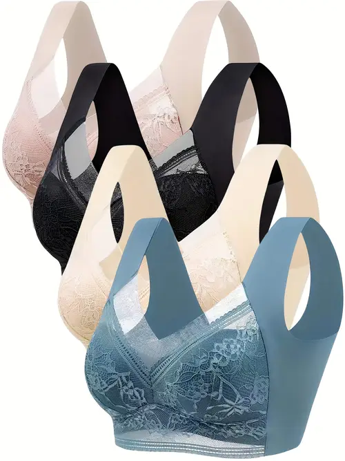 4pcs of lace decorated comfortable sports bra v neck high fully covered wireless sports bra womens sportswear