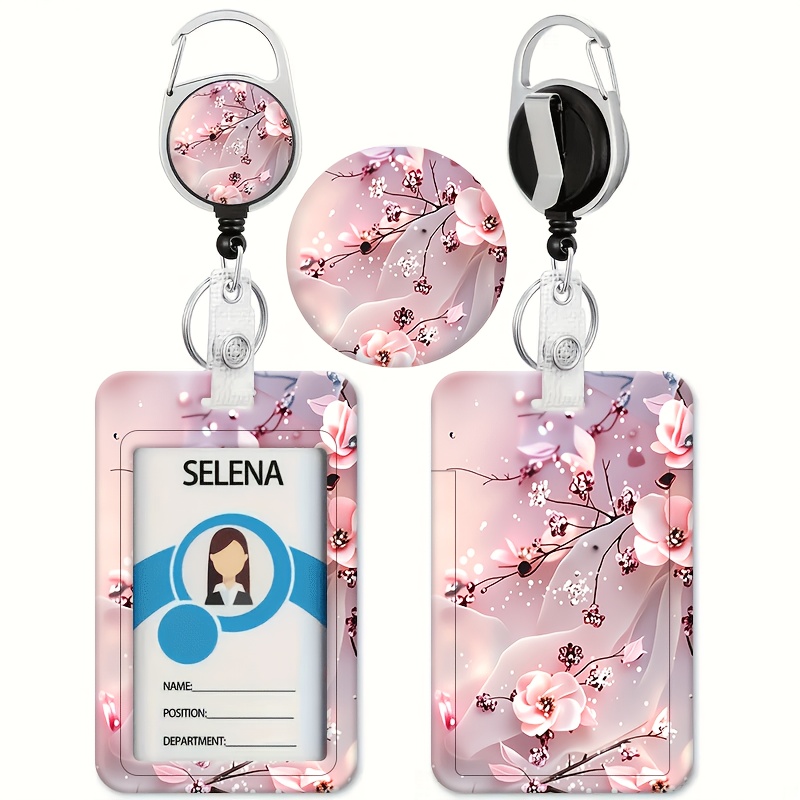 TEMU Cherry Branch With Pink Flowers Printed Pattern Id Holder - Suitable For Bus And Campus Cards - With Retractable Id Card Holder - Badge Holder -