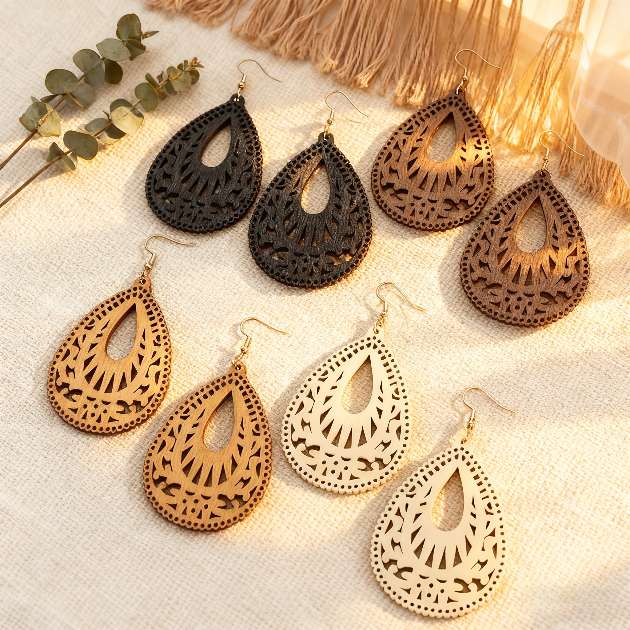 TEMU 4 Pairs/set, Women's Fashion Dangling Earrings, Vintage Bohemian Style Hollow Teardrop Wooden Earrings Set, Women's Accessories For Daily Wear,