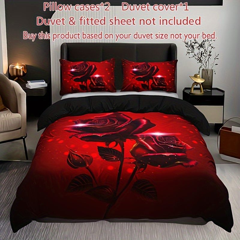 3pcs Red Rose Floral Duvet Cover Set (1 Duvet Cover + 2 Pillowcases, Pillow Inserts Not Included), For Home And Dorm Use