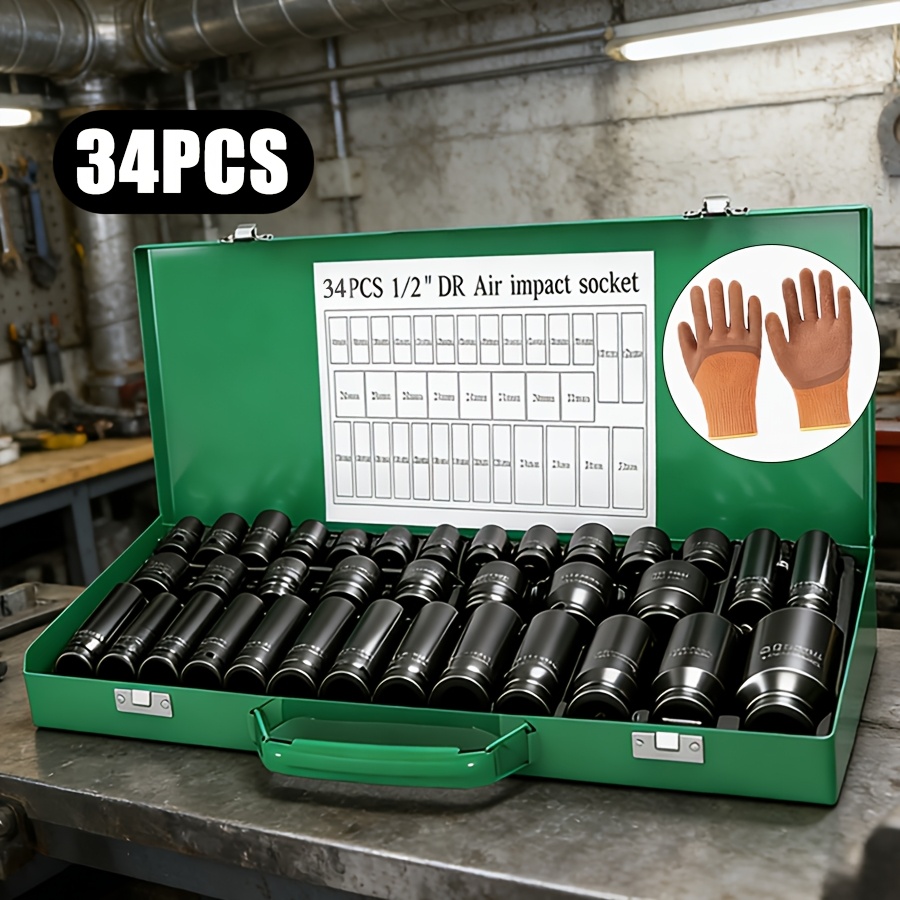 Impact Socket Set with Ratchet, Extensions, and Connector, 34 to 53 pcs, 3/8" & 1/2" Drive, SAE and Metric Sizes, 6-Point Cr-V Design
