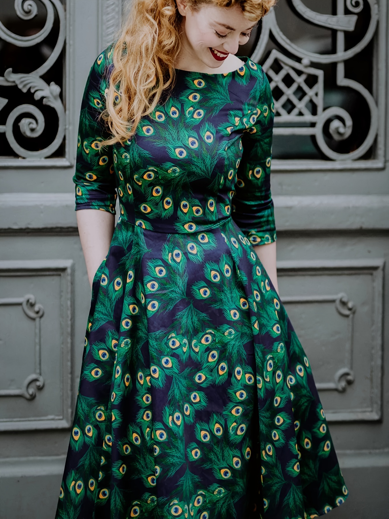 womens 3 4 sleeve a line dress round neck design high waist - Temu United  Arab Emirates