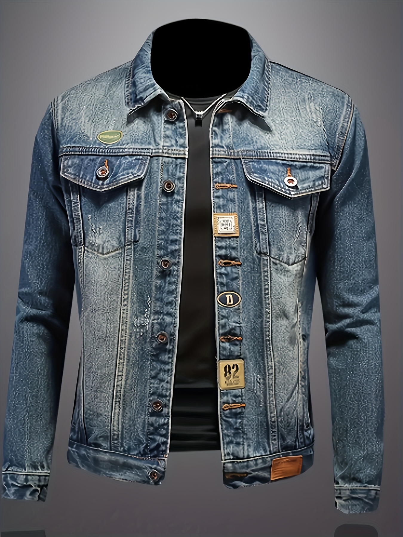 [HME] American Retro Men's Denim Jacket, Three-dimensional Cut And Well-fitted Flight Jacket, Heavy Washed And Aged Amis Kaki Style, Open Front, Single-row Button Closure, Fashionable, Trendy And Versatile Men's Denim Jacket