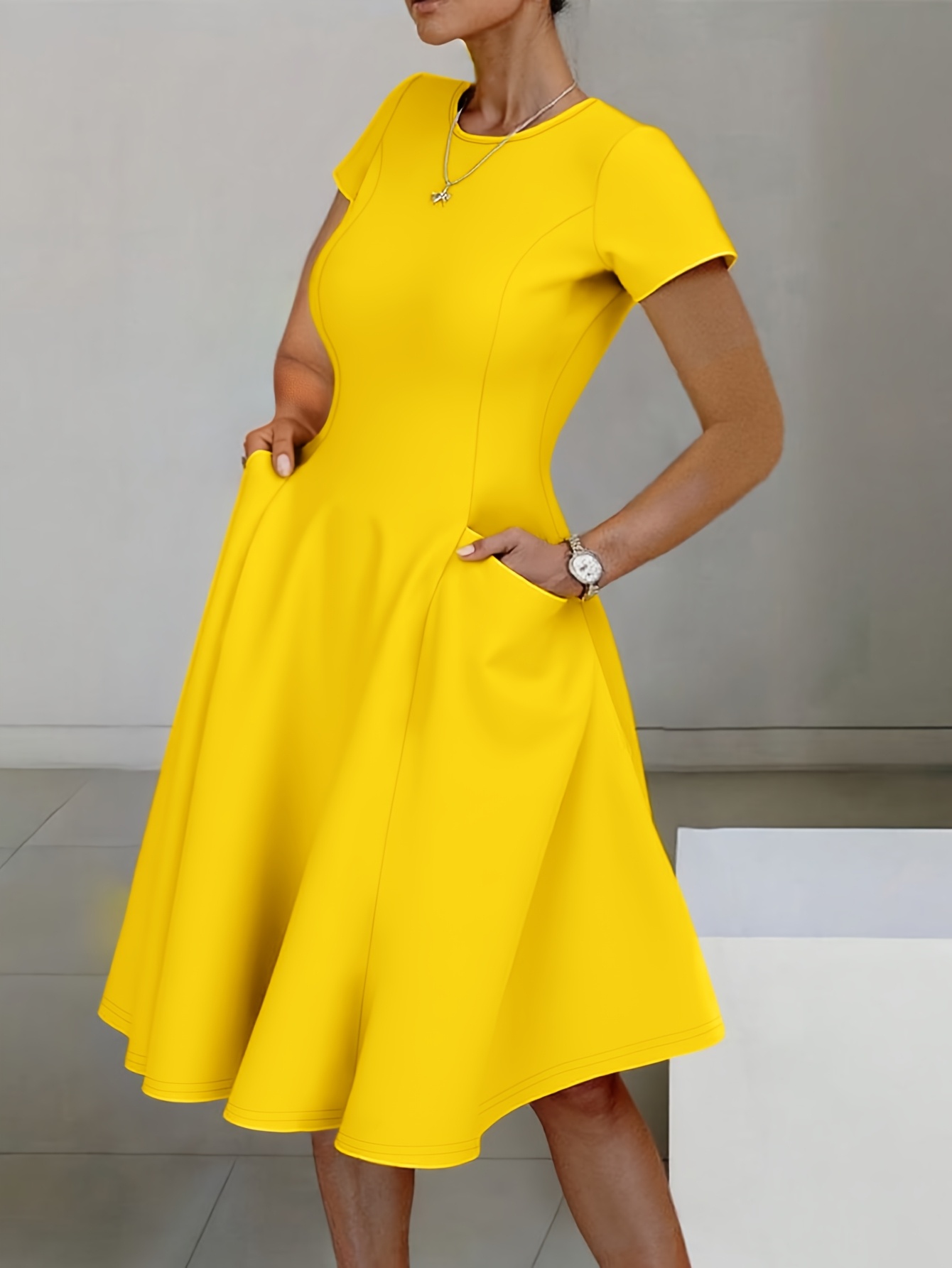 plus size, frühling/sommer plus size eleganter stil casual einfarbiges rundhals langkleid