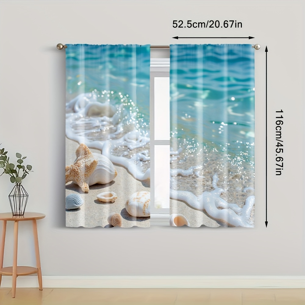TEMU 2pcs, Curtain Tropical Ocean Seaside Versatile Polyester Fabric, Without Electricity Versatile Suitable For Hotel Decoration