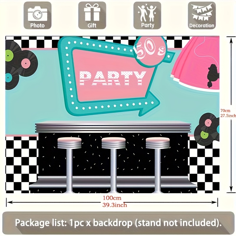 TEMU Party Backdrop 1pc 50s Diner Backdrop For Party 1950s Sock Hop Theme Party Photography Backgrounds Photo Booth Studio Props 90.5x70.8inch