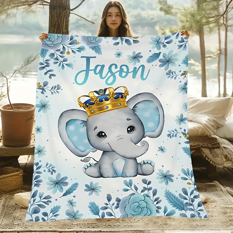 Custom Name Blue Rhyme Crown Baby Elephant Blanket