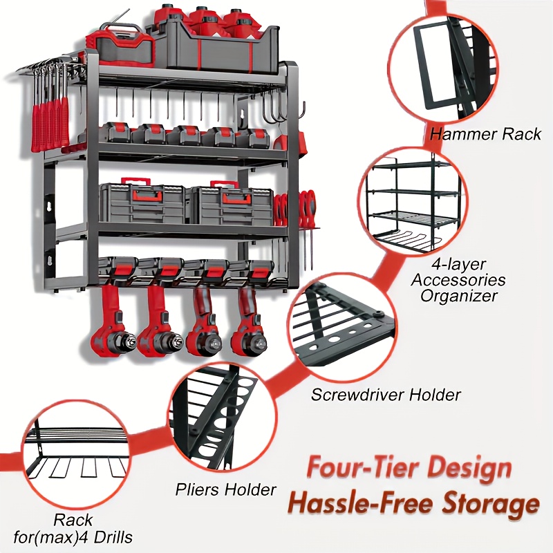 Power Tool Box Organizer Heavy Duty 8-Drill Power Tool Organizer Wall Mount With 4 Layers - Garage Storage Rack With Screwdriver & Hammer Holders Plier Organizer