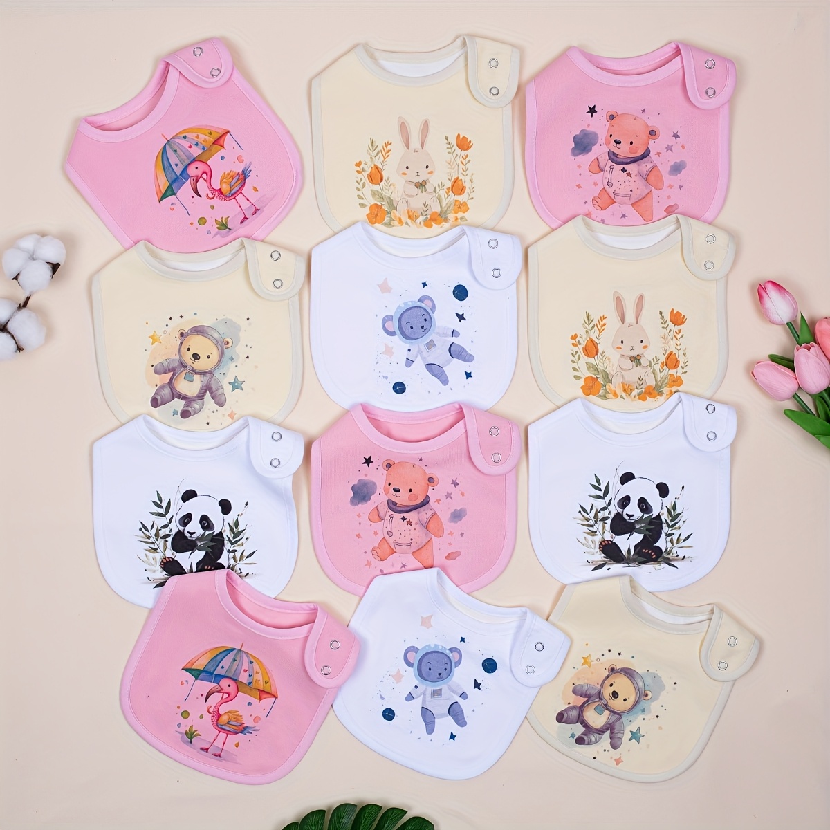 

12pcs Adjustable Snap Bibs - Waterproof, Breathable 4-layer Muslin, Cute Animal & Floral Designs For - Ideal For Nursing, Feeding, Teething | White, Polyester