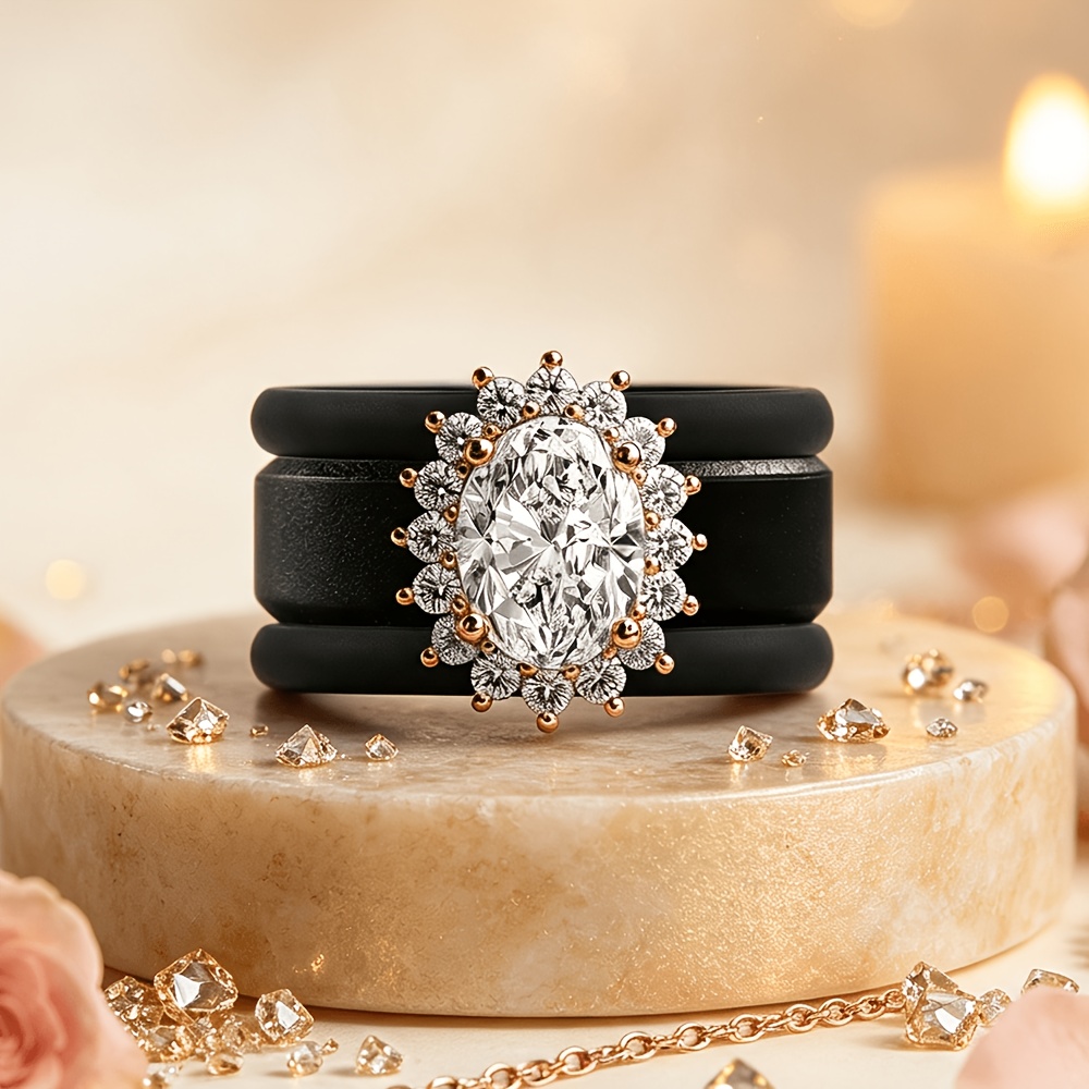3pcs Women's Sunflower Oval Zirconia Silicone Ring Set