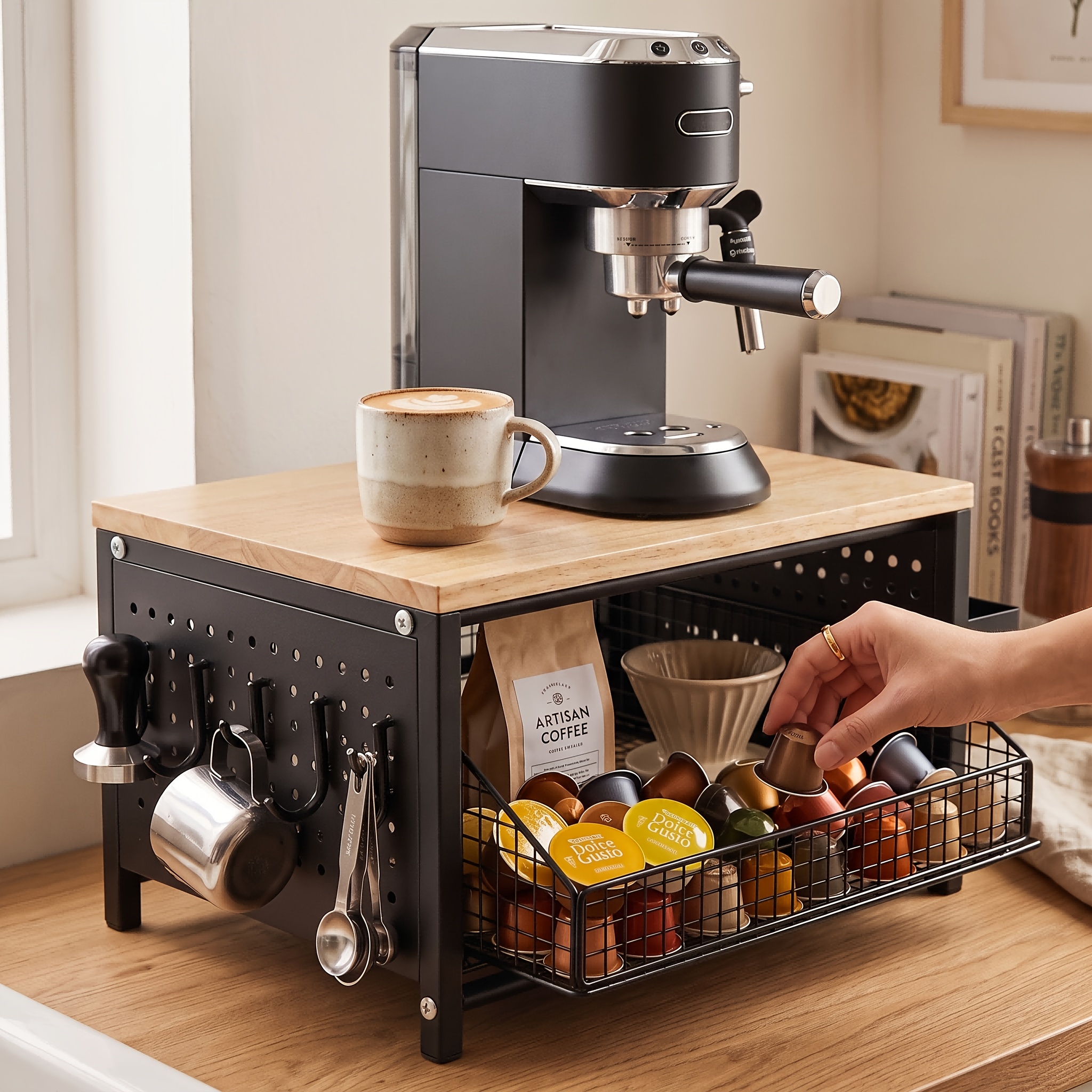 TEMU Double Layer Pull-out Coffee Capsule Storage Rack With Drawers, Slide Out Metal Microwave Rack, Kitchen Coffee Machine And Small Appliance