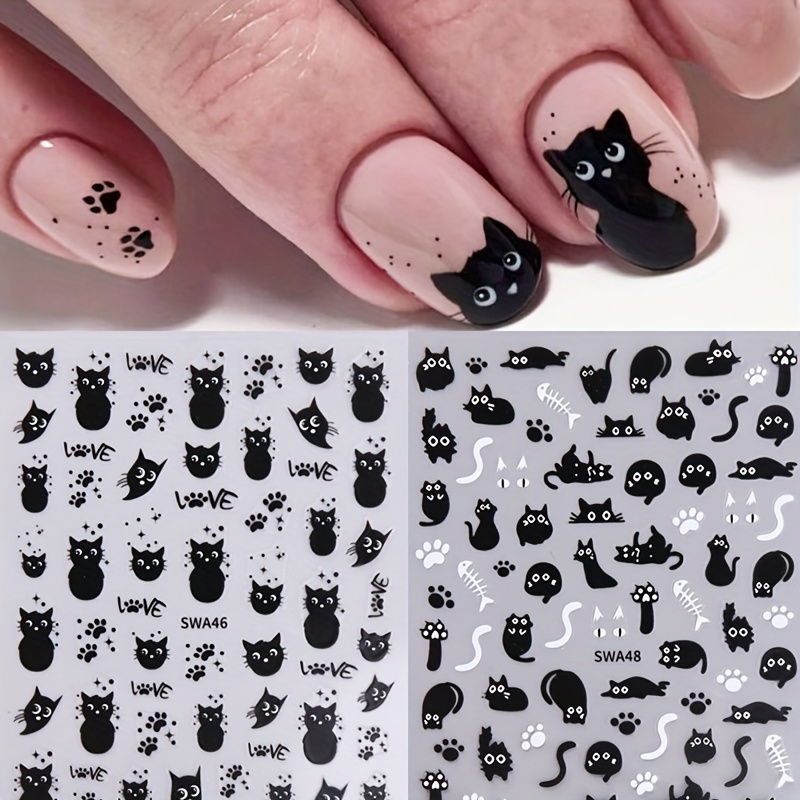 two cute black cat nail stickers halloween cartoon animal self   nail decals nail salon nail art decorations nail art supplies for women and