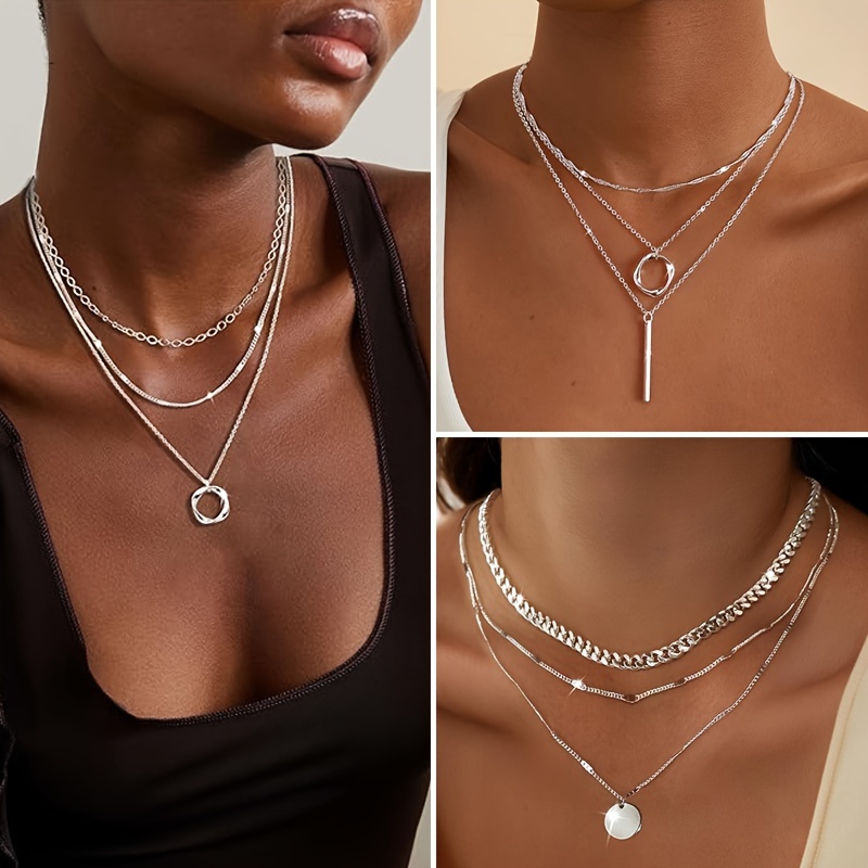 

3pcs Women's Multi-layer Necklace, Stackable Choker Necklace, Women's Fashion Multi-layer Round Pendant Chain Necklace Set, Women's Jewelry