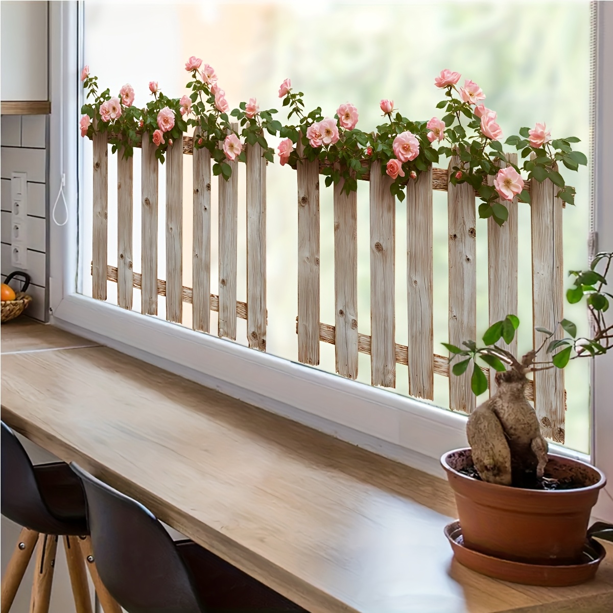 Image of 1pc Creative Floral Wooden Fence Window Sticker, With Pink Roses And Green Leaves, Suitable For Living Room, Bedroom, Dining Room, Study, Bathroom, Door And Window Glass Decoration Sticker