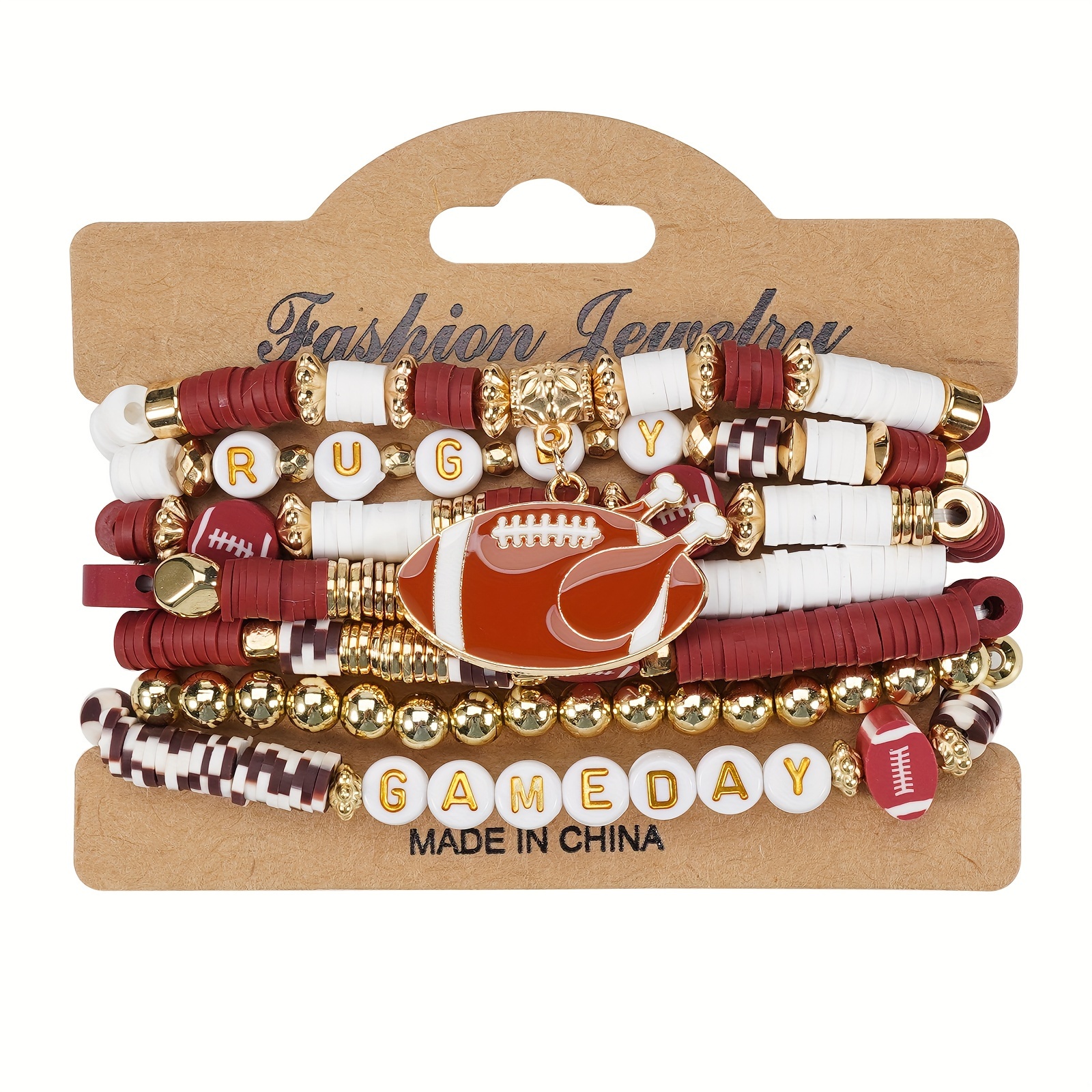 

Game Day Football-inspired Multilayer Stretch Bracelet - Sporty & Vintage Style, Soft Clay Beads, Perfect For Casual Attire Or Sports Events