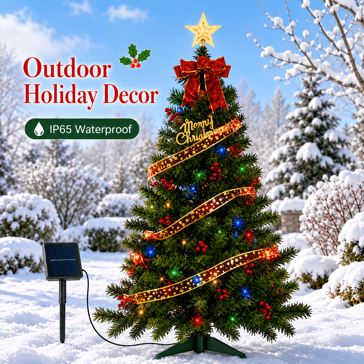 TEMU 2026 Brand New 59.06-inch Super Large Solar Artificial Christmas Tree, Colorful Led Outdoor Christmas Tree Lights, Star, Red Bow, And Merry