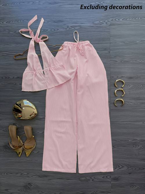 imagen del artículo conjunto de pantalones de mujer para , chaleco a rayas con tirantes y cinturón ceñidor en la cintura, pantalones a rayas de corte ajustado, estilo y2k casual, ideal para salir, ir al , fiestas, sociales, vacaciones, ropa para mujer