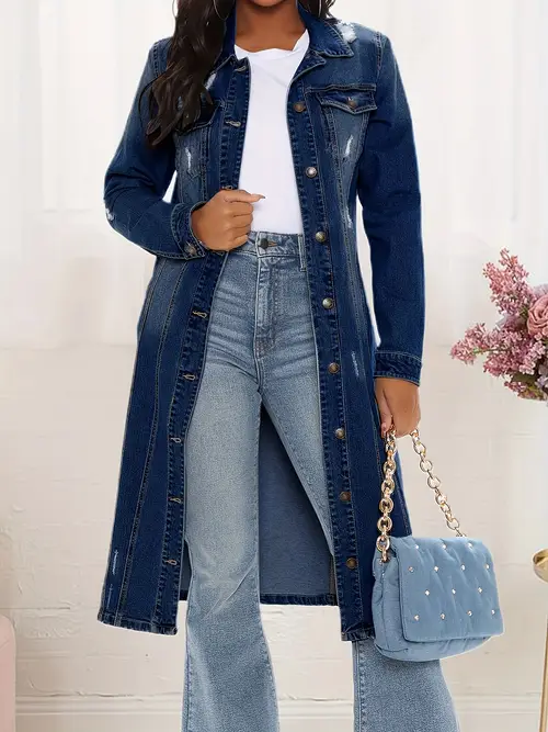 womens lapel button vintage denim long jacket