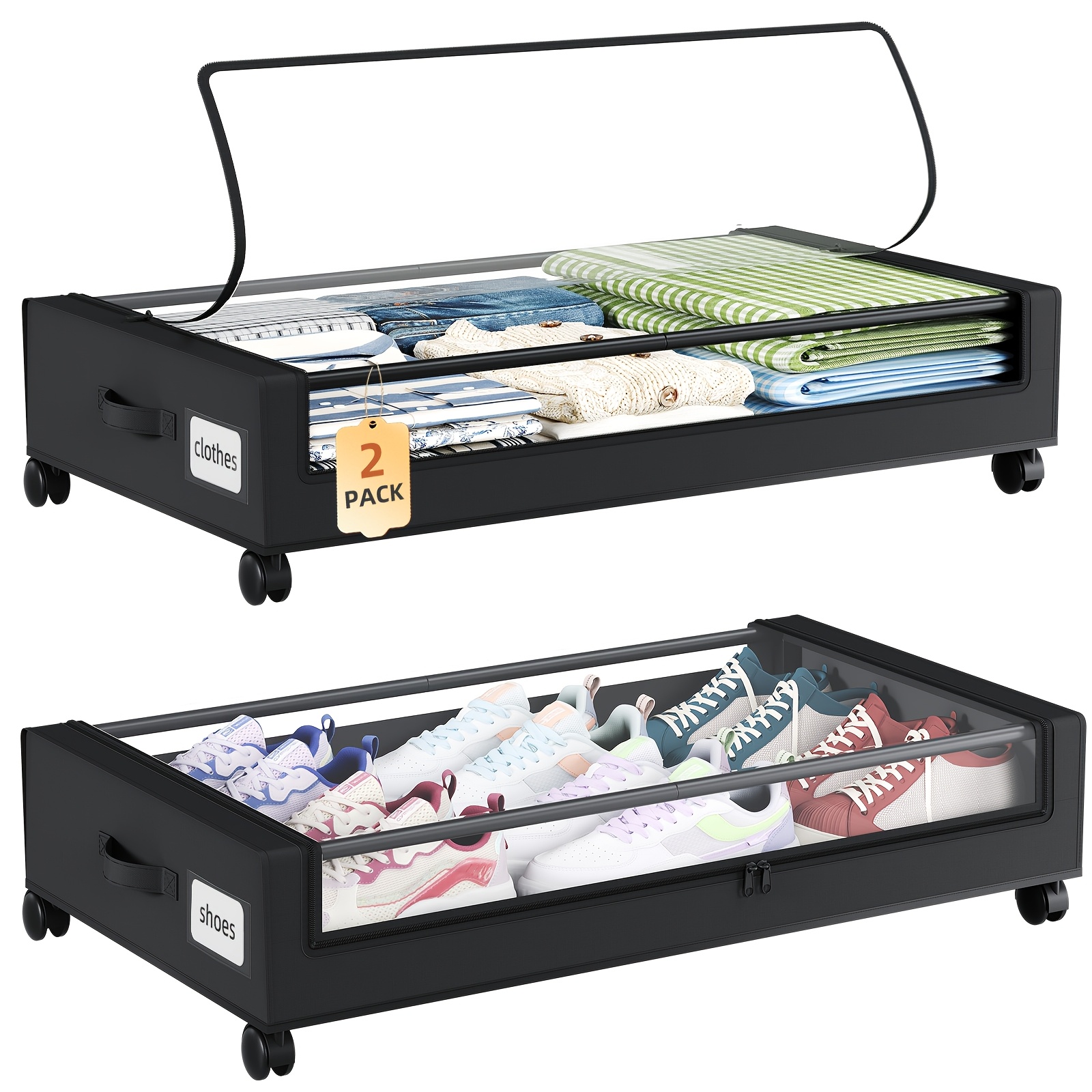 TEMU EUNOS Rangement Sous Lit avec Roulettes : de Rangement Sous Lit avec Couvercles - Organisateur de Vêtements Roulant Sous Lit - Contenants pour
