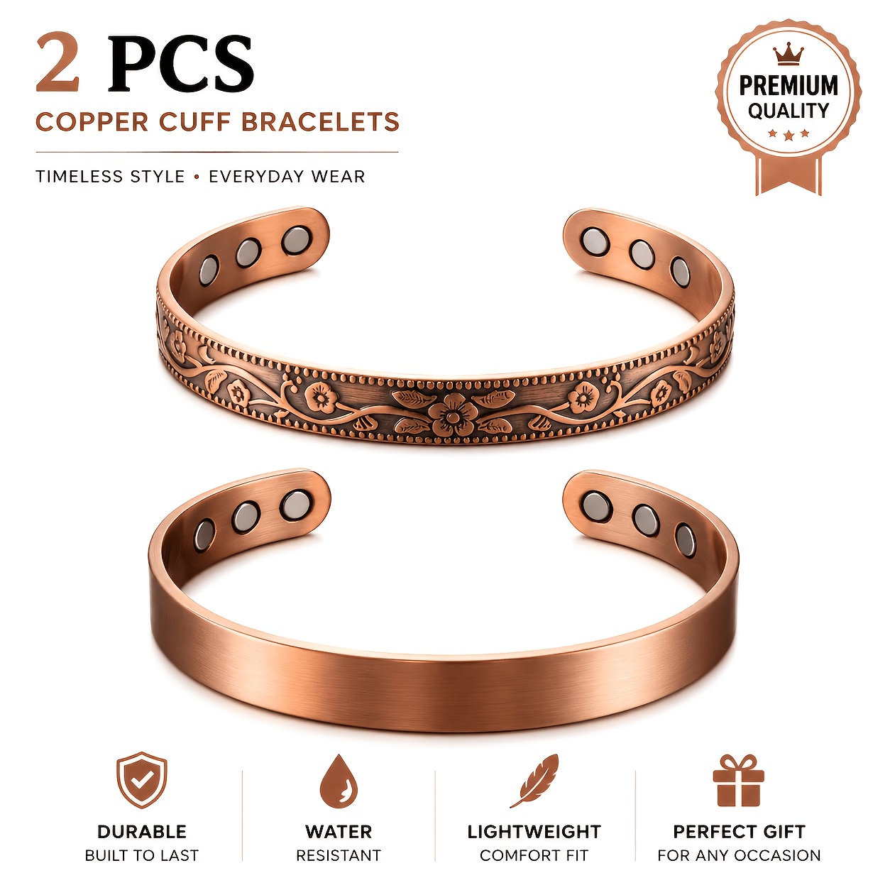 TEMU Vintage Patterned Copper Bangle 2pcs Set, Exquisitely Carved Open-end Bracelet, Adjustable Wide Bangle For Women, Stylish And Versatile