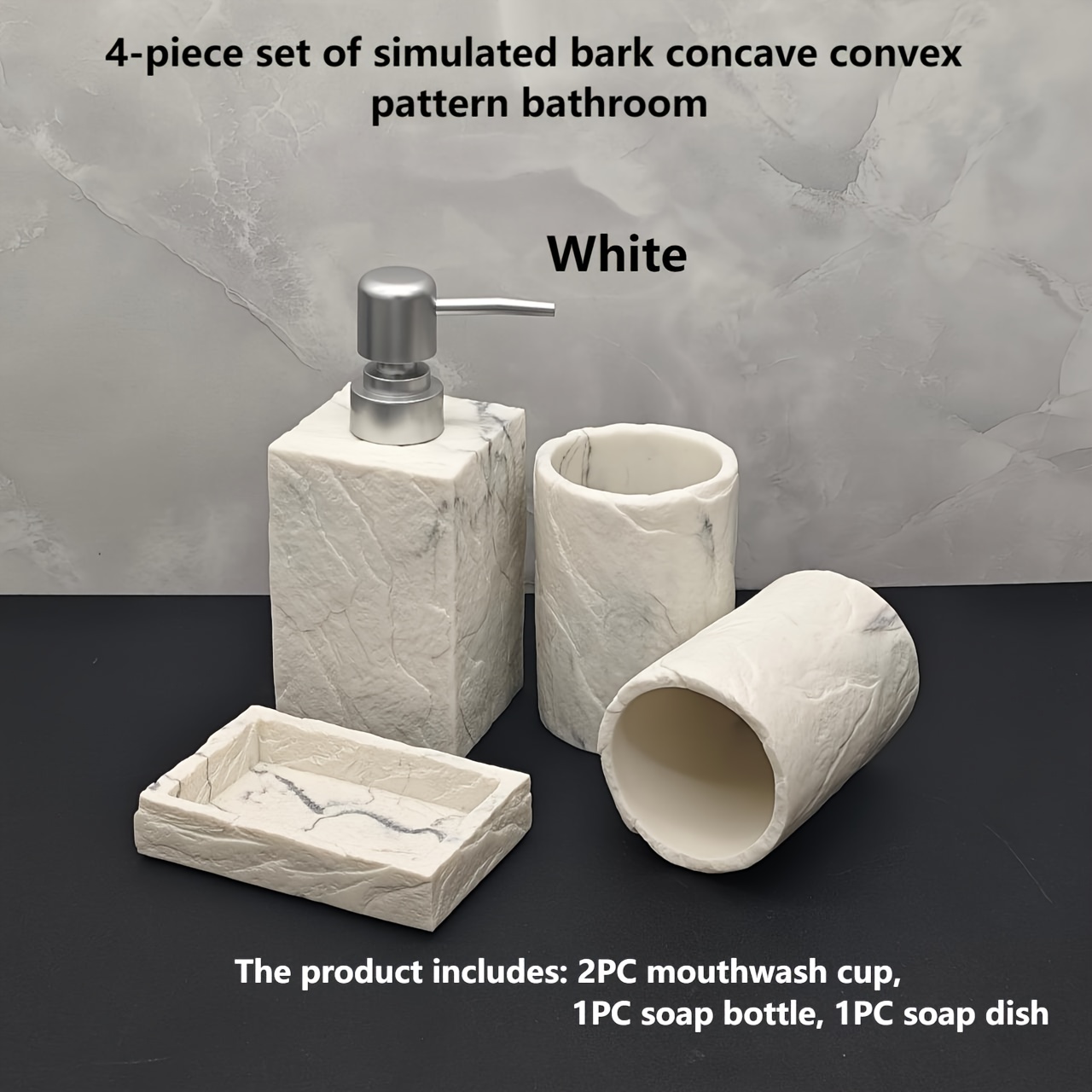 4pcs Vintage Bark Texture Bathroom Set, Includes 1 Hand Soap Dispenser, 2 Mouthwash Cups, and 1 Soap Dish. Suitable for Home, Hotel, and Guesthouse Bathrooms