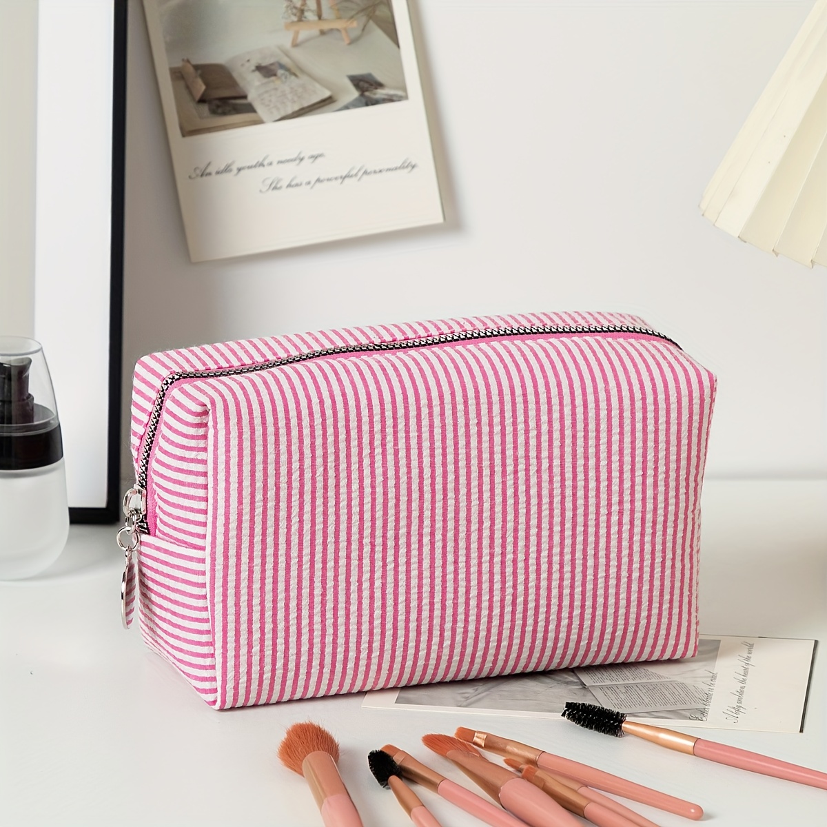 Image of 1 Custom Embroidered Striped Travel Toiletry Bag - A Personalized Cosmetic Organizer, Zippered Makeup Pouch, And Portable Polyester Storage Case Suitable For Travel, School, Dormitory, Or Home Use
