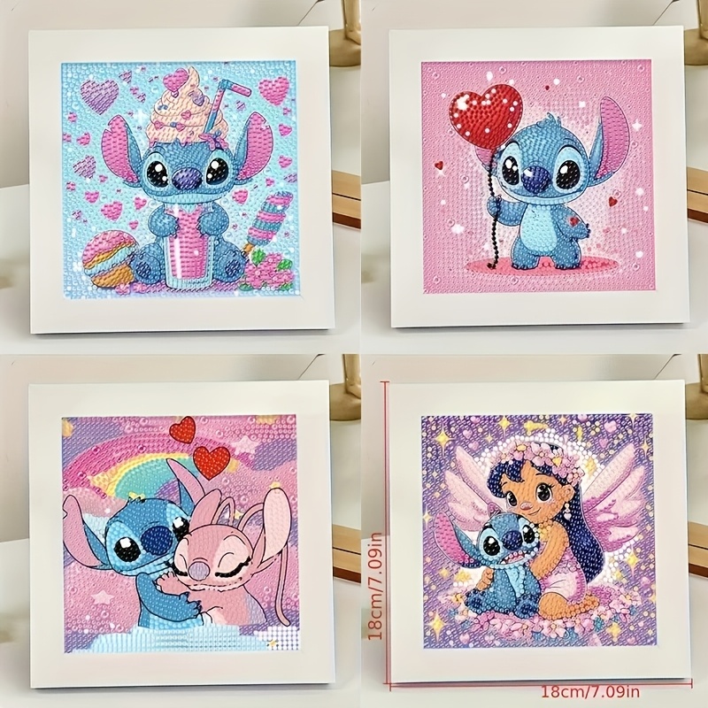 1pc, Disney Lilo and Stitch Diamond Painting Kit, DIY Cartoon Stitch & Angel Handmade Sticker Craft, Self-Adhesive Plastic Square Frame Ornament, Single Use, Pink/ Sky Blue/ White, for Birthday & Party Display