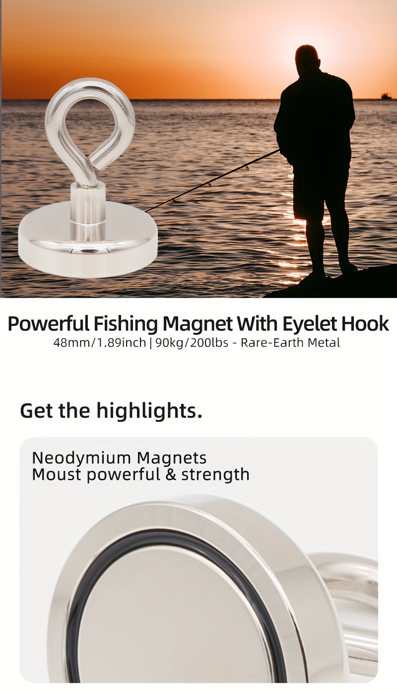 1-2Pcs Neodymium Fishing Magnet Kit 200LBS Pulling Force Strong
