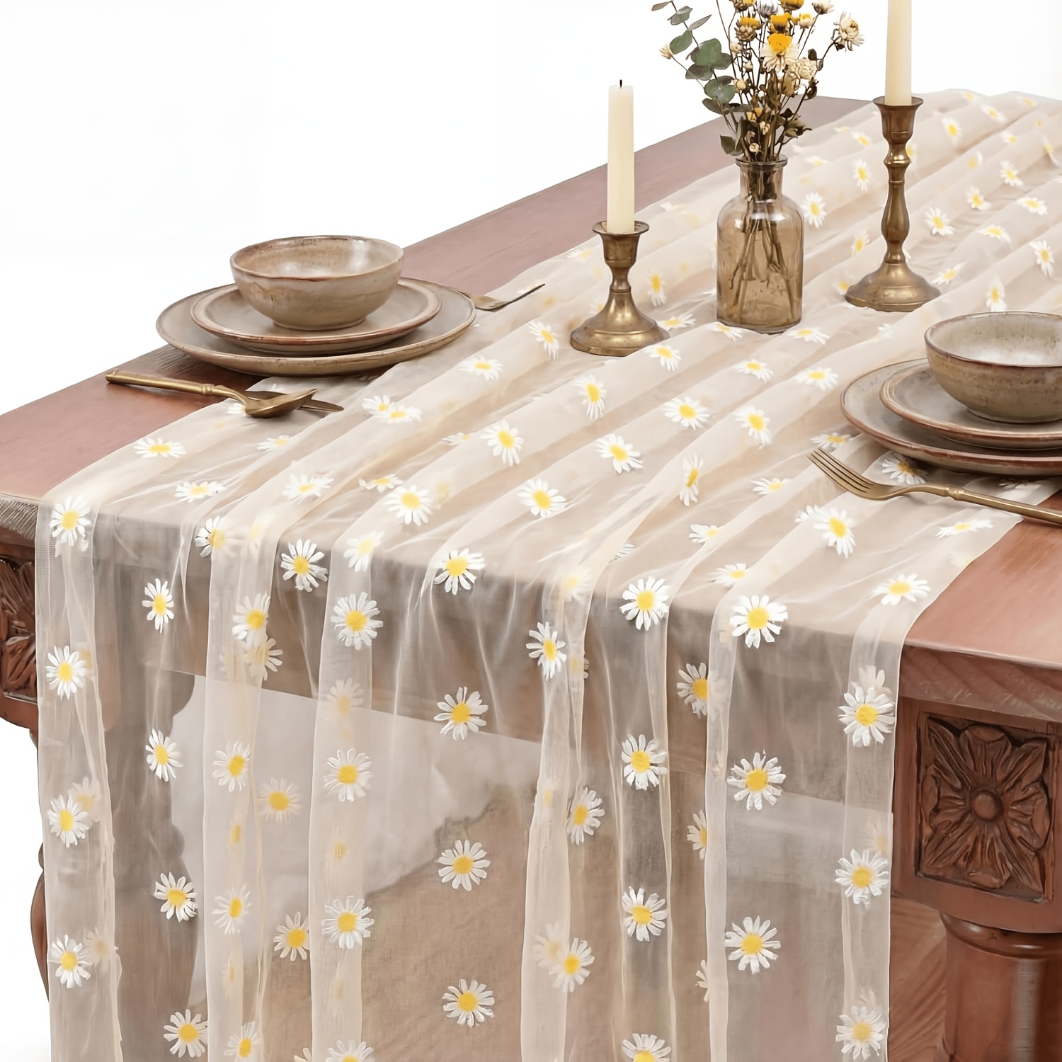 Image of 1 Pack 78.7 Inch Sheer Gauze Daisy Table Runner With Beige Tulle - Suitable For Weddings, Baby Showers, Birthdays, Kitchen Dining Decor, Flower Garland For Home Party Decoration