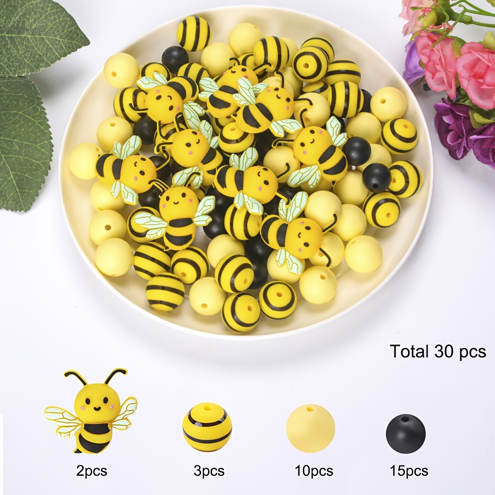 TEMU 30pcs 3d Bee Silicone Beads Set - 12/15mm Black And Yellow Striped Beads. Diy Handicrafts - Silicone Pens, Bracelets And Jewelry Making