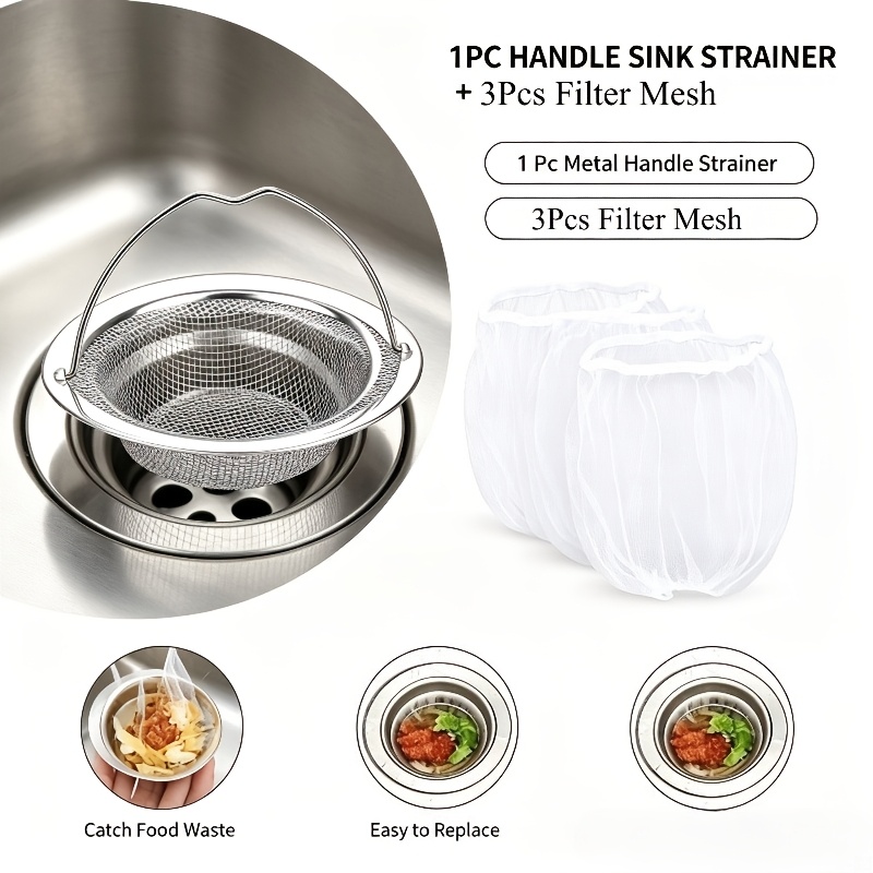 TEMU Total 4pcs (1pc Metal Handle Strainer And 3pcs Filter Mesh), 201 Stainless Steel Sink Strainer With Handle, Rustproof Mesh Filter, Anti-clog