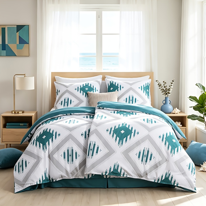 Image of Bedding 135x200cm, 4pcs, Duvet Cover - Bedding 135 X 200cm, Green Rhinestone Pattern, With 2 Pillowcases 80x80cm, 2pcs Duvet Cover With Zipper, Non-iron And Soft