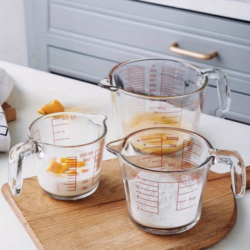 Image of 3pcs Thickened Glass Measuring Cups With Ergonomic Handles, 350ml+500ml+1000ml, Reusable And Easy To Clean, Suitable For Home Kitchen, Restaurant, Outdoor Camping, Meal Prep, Baking, And Cooking