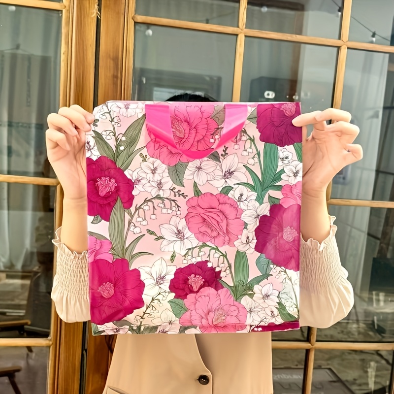Image of 10pcs Transparent Print Plastic Handbags - Camellia Flower With Bags, For Shopping, Party Favors, Gifts, Chinese Tea Branding (10pcs)