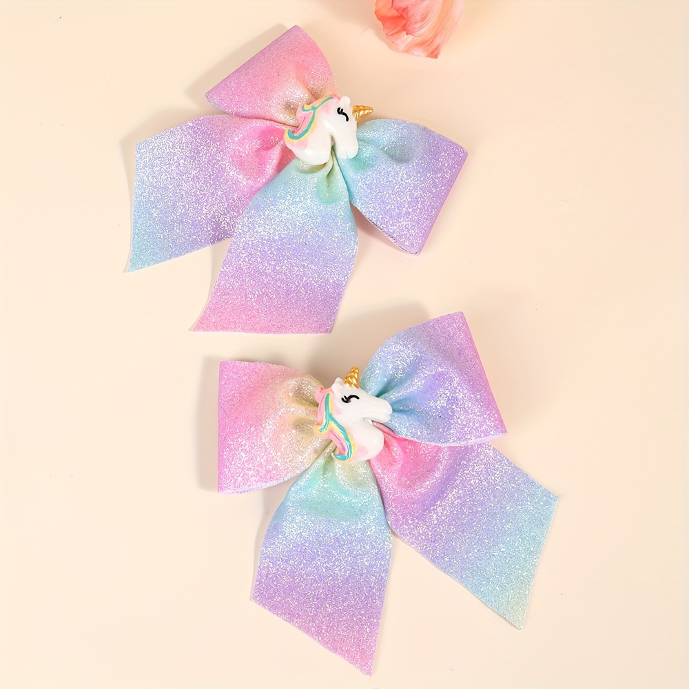 

Glitter Unicorn Large Bow Hair Clips For Girls - 2pcs Cute Polyester Bowknot Hair Accessories With Gradient Design, Suitable For Teens And Adults