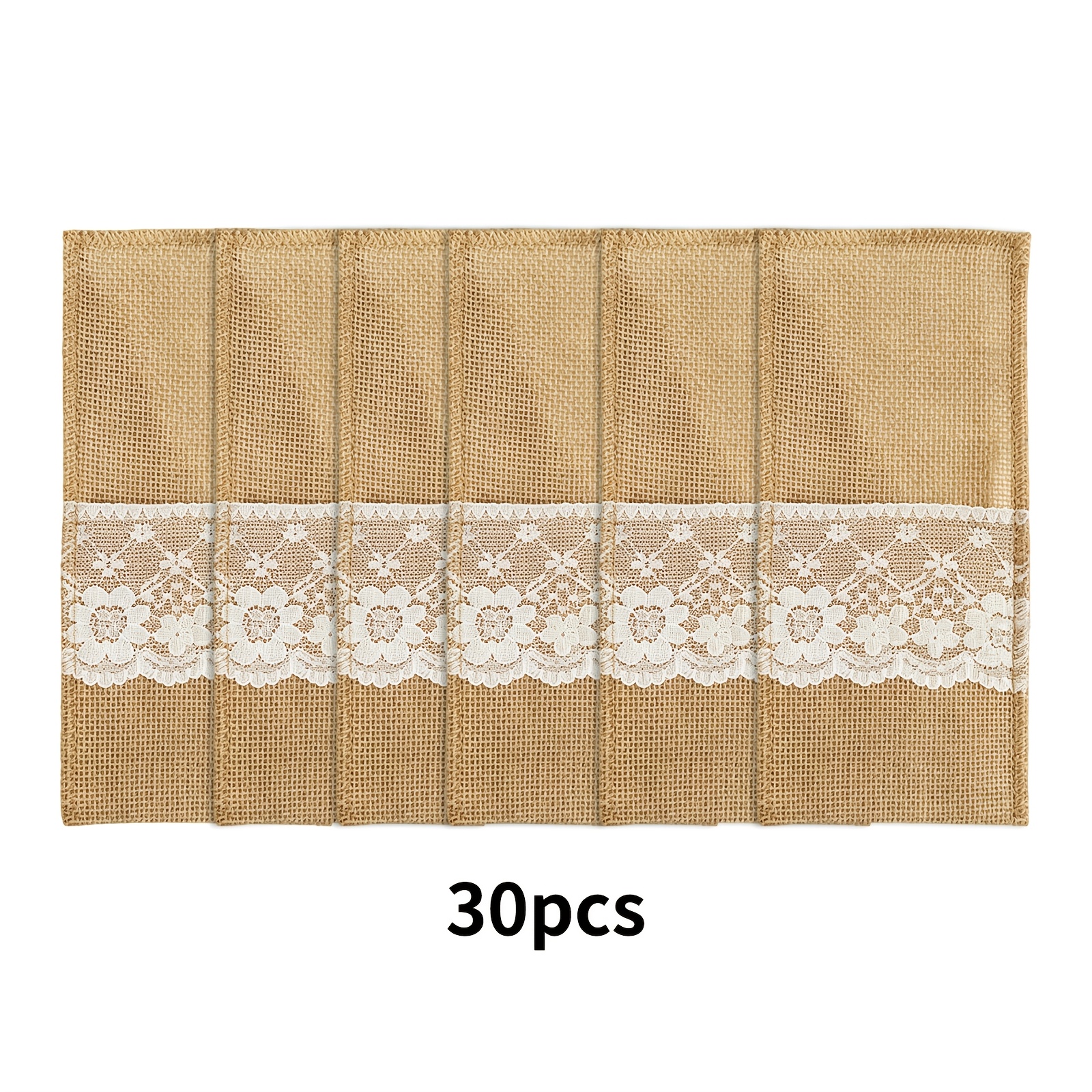 Image of 30/50pcs Burlap Silverware Holders With Lace Trim, Rustic Cutlery Pockets For Forks, Knives & Spoons, Table Setting Decorations For Wedding, Party, Dinner & Events