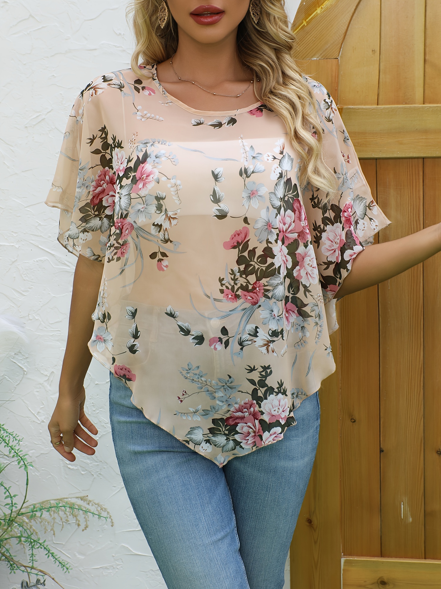 Floral Pattern Elegant Cover Up, Round Neck Semi-Sheer Beach Cover Up Top, Women's Swimwear & Clothing