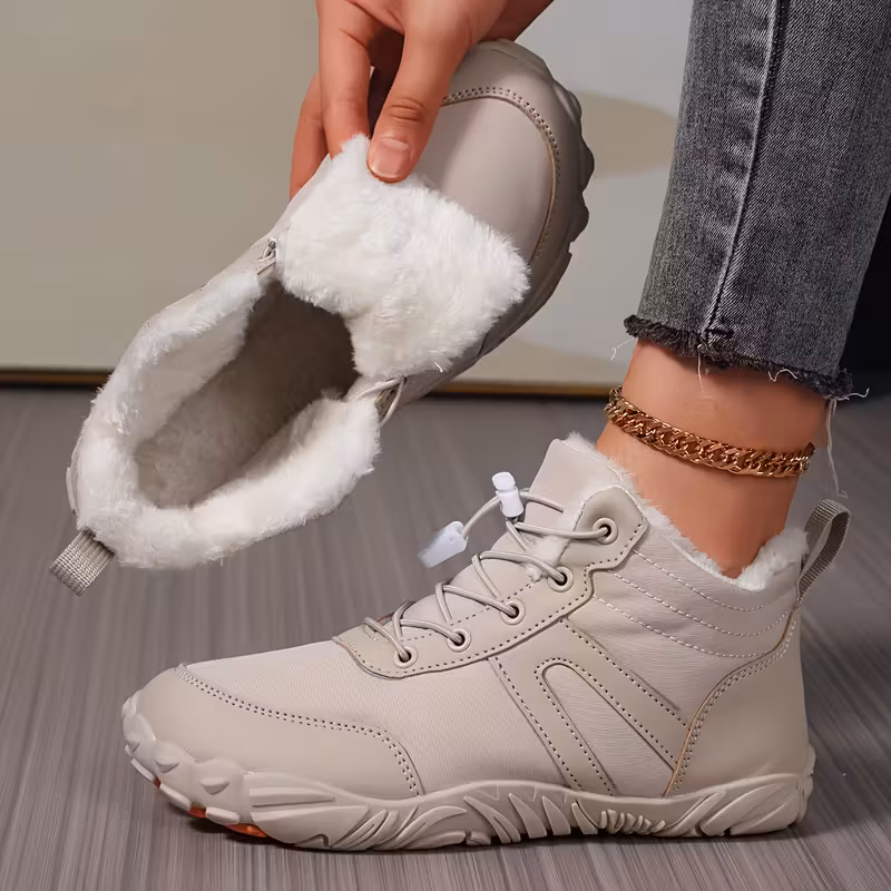 womens winter snow boots with plush collar thickened short ankle boots beige tan fabric upper tpr traction sole for lace up round toe warm booties for outdoor casual beige Product details 1