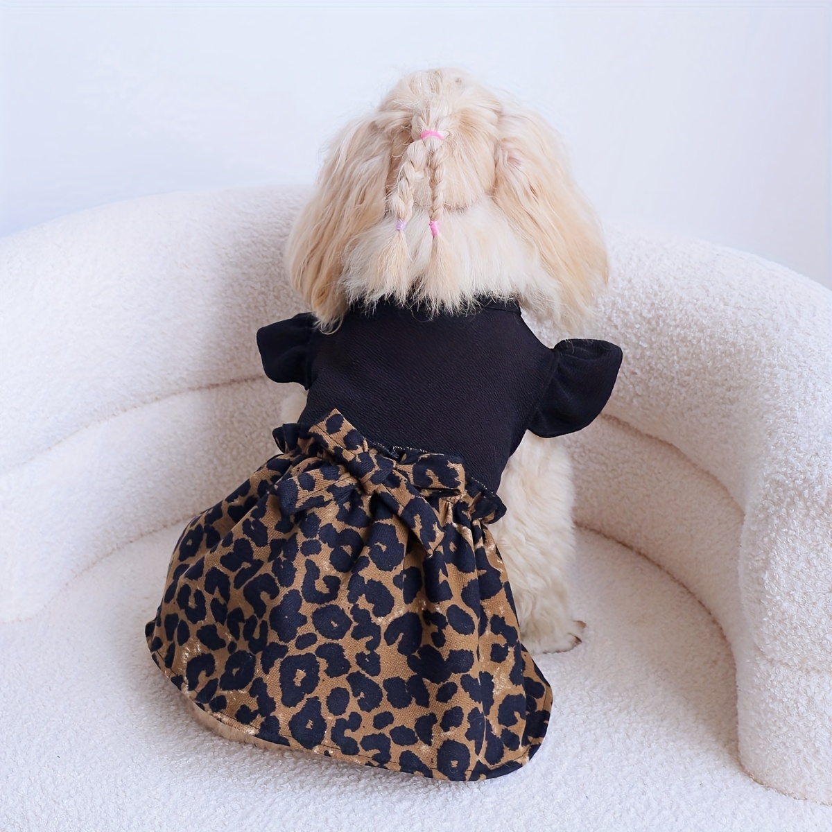 

Pet Clothing Cat And Dog Bow Small Flying Sleeve Leopard Print Skirt Hem Splicing Fabric Flower Bud Dress 1pc