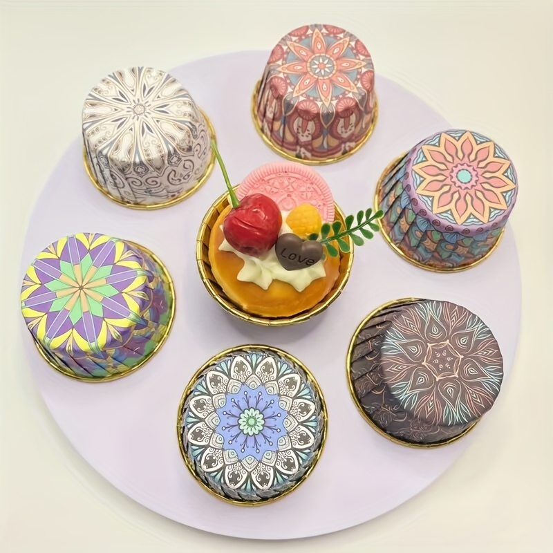 Image of Bohemian Style Pattern Cake Cups, Oil-proof Shiny Paper Molds For Home, Perfect For Wedding Birthday Party Muffin Cups, Kitchen Dessert Tools