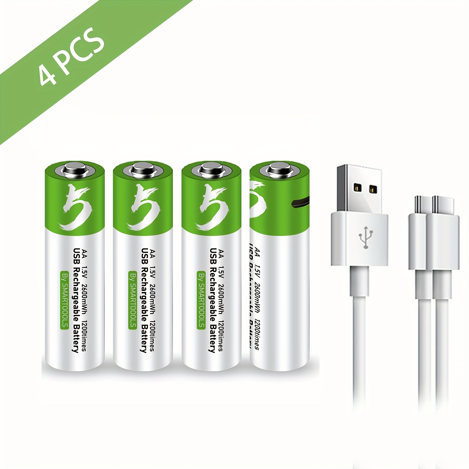 TEMU 4pcs Smartoools Aa Lithium Rechargeable High-capacity 2600mwh Batteries With Fast Charge 1.5h, 1200 Cycle Life, Usb-c & Type-c Cable Included,