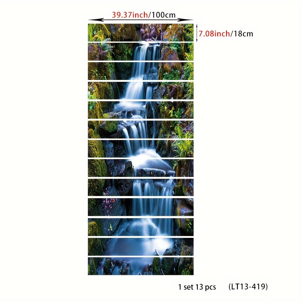Mountain And Waterfall Stream Detachable Self-adhesive Vinyl Stair Treads, Peel And Stick Stair Decals For Staircase Renovation, 39.37 X 7.08 Inches, , Landscape Pattern