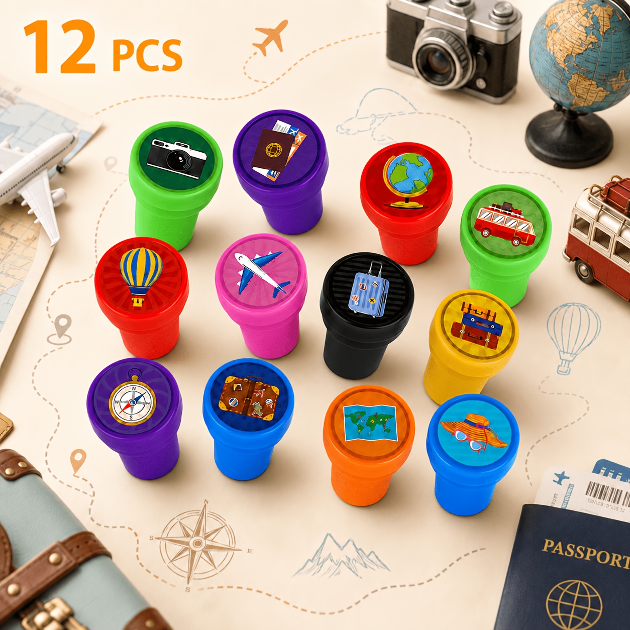 TEMU 12/24 piezas 1/2 Sets - Juego de sellos pre-tintados con temática de viajes de , mini sellos de oficina variados para planificadores,