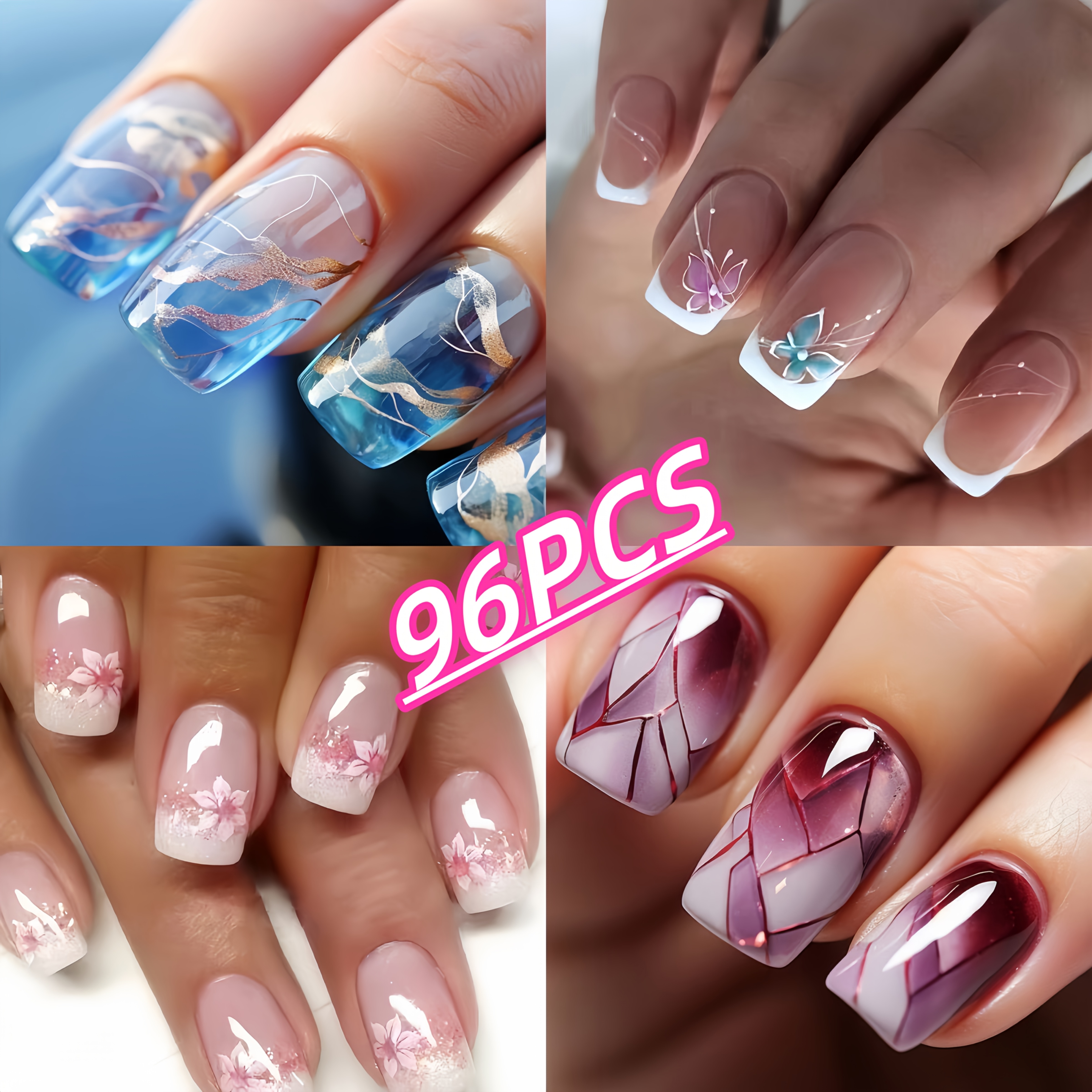 TEMU 96pcs Of Medium-length Square 4-color Style Nail Patches (same Type Of Nail Shape But Different Patterns) Are Very Suitable For Ladies And To Wear On Daily Festivals, Parties And