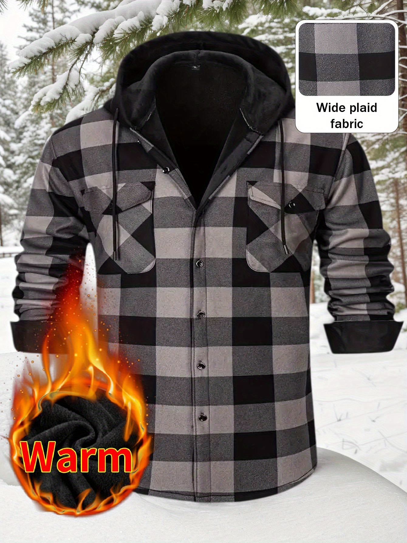 Thermisch werkschort met capuchon voor heren - Heavy-duty fleece gevoerde winterjas met ruitpatroon, volledige ritssluiting aan de voorkant, lange mouwen, overhemdjasje met knoopsluiting voor boerderij, bouw, buiten - Dik geïsoleerd laagstuk (s-3xl) - Ideaal voor Col