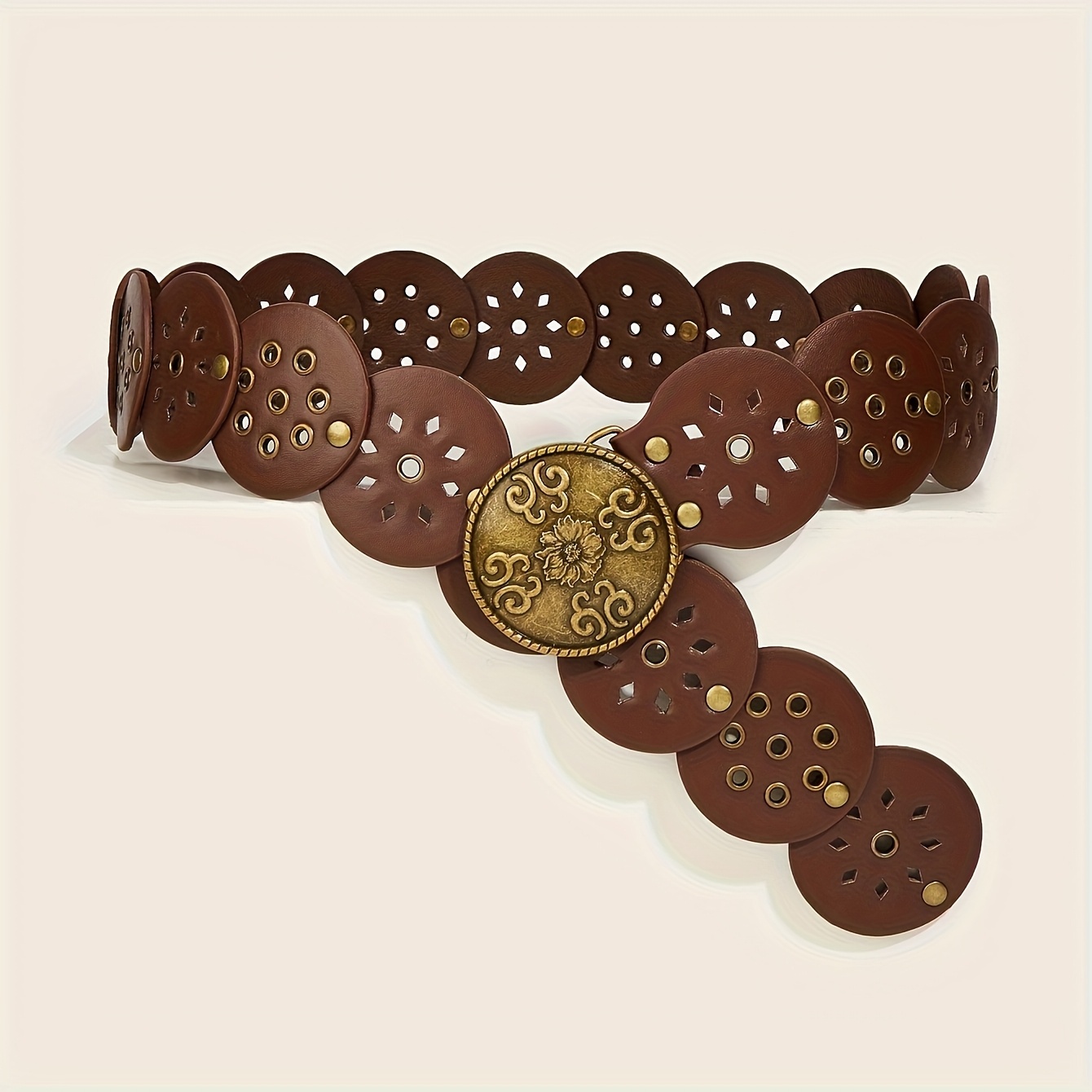 Image of 1pc Boho Brown Women's Belt/cinch Belt, Vintage Distressed Bronze Color Carved , Hollow-out Circular Metal Grommet, Rivet , Pairs With Skirts And Jeans, Suitable For Gatherings, Parties, And Festivals