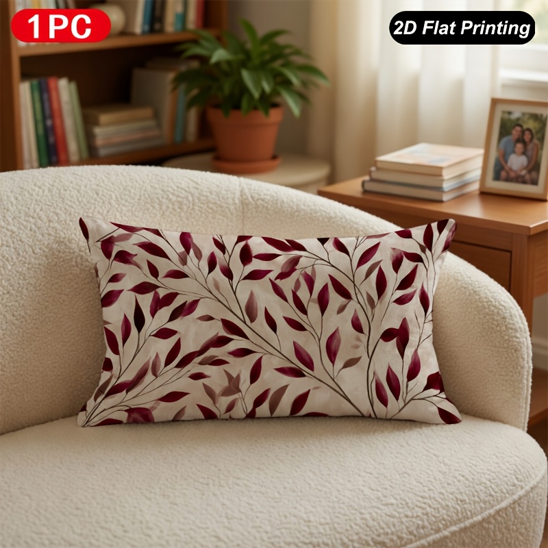 TEMU 1pc Wine Red Branch And Leaf Pattern Waist Pillow Cover, 2d Flat Print, Vintage Autumn Botanical Style Home Decor Pillowcase, For Living Room