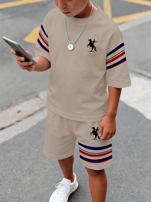 tween boy casual comfortable minimalist round neck short sleeve t shirt and shorts set kids for outdoor